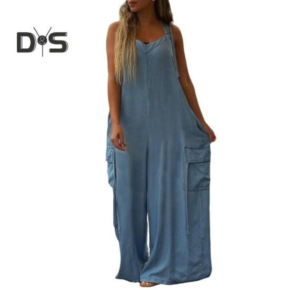 (XXL, light blue) Women's Loose Jumpsuits Overalls Adjustable Straps Baggy Jumpsuits Casual Wide Leg Romper with Pockets Boho Flowy Palazzo Pants