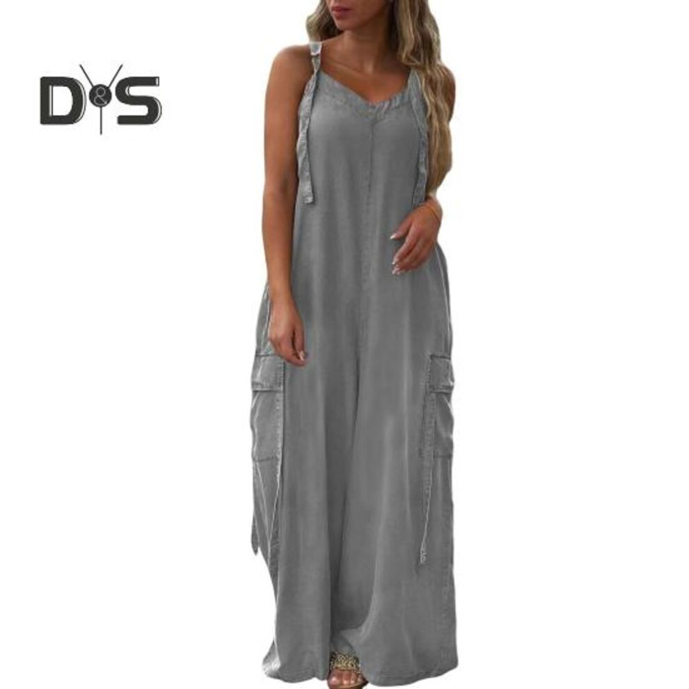 (S, light grey) Women's Loose Jumpsuits Overalls Adjustable Straps Baggy Jumpsuits Casual Wide Leg Romper With Pockets Boho Flowy Palazzo Pants