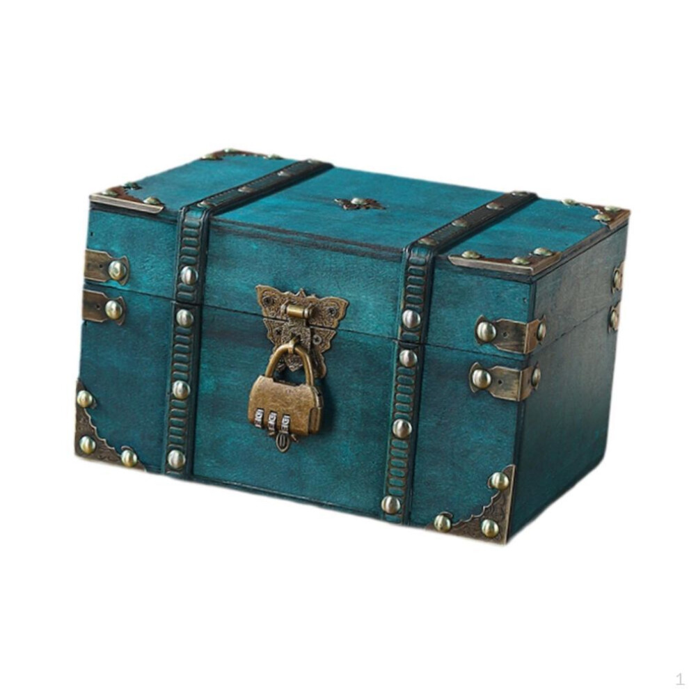 (as the picture, Green With Lock) Pirate Treasure Chest Decorative Box Wood Gift Multifunctional Keepsakes Unique Antique Design