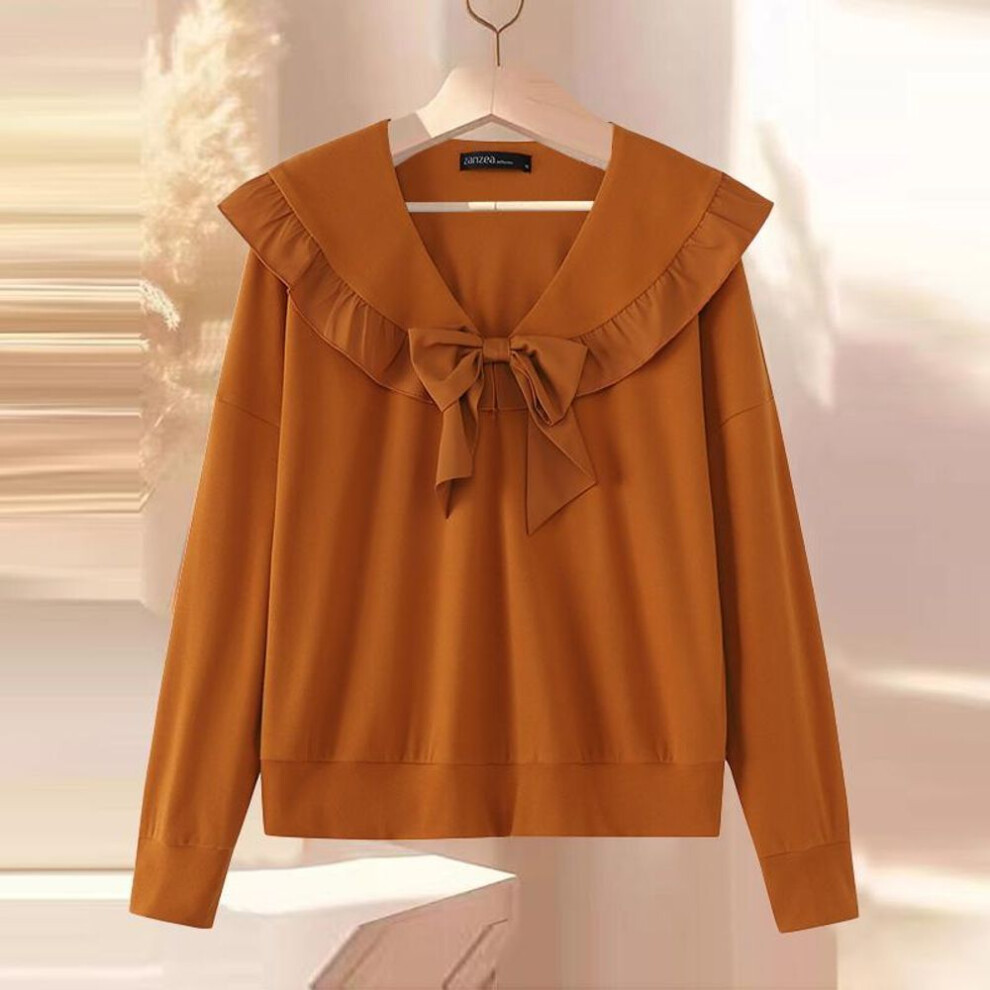 (3XL, orange) ZANZEA Women Autumn Knot Ruffle Lapel Long Sleeve T-Shirts