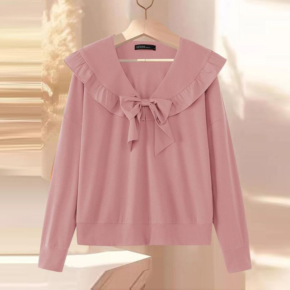 (S, pink) ZANZEA Women Autumn Knot Ruffle Lapel Long Sleeve T-Shirts