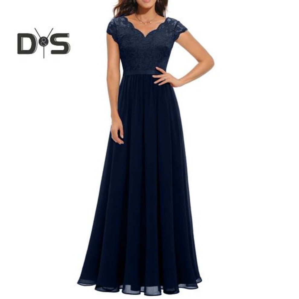 (navy blue, L) Women's Lace V-neck Evening Dress Long A-line Chiffon Bridesmaid Dress Mother Of The Bride Wedding Guest Maxi Dress For Party Prom