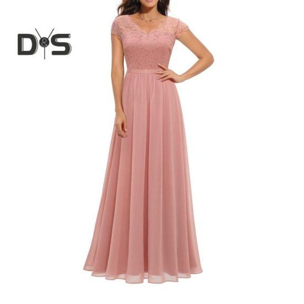 (pink, M) Women's Lace V-Neck Evening Dress Long A-Line Chiffon Bridesmaid Dress Mother of The Bride Wedding Guest Maxi Dress for Party Prom