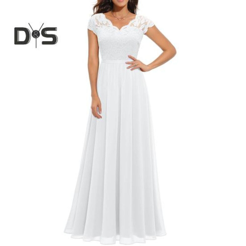 (white, M) Women's Lace V-Neck Evening Dress Long A-Line Chiffon Bridesmaid Dress Mother of The Bride Wedding Guest Maxi Dress for Party Prom
