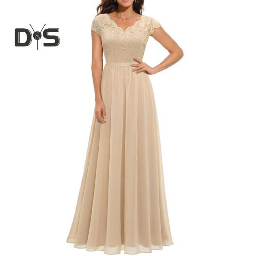 (champagne, L) Women's Lace V-neck Evening Dress Long A-line Chiffon Bridesmaid Dress Mother Of The Bride Wedding Guest Maxi Dress For Party Prom