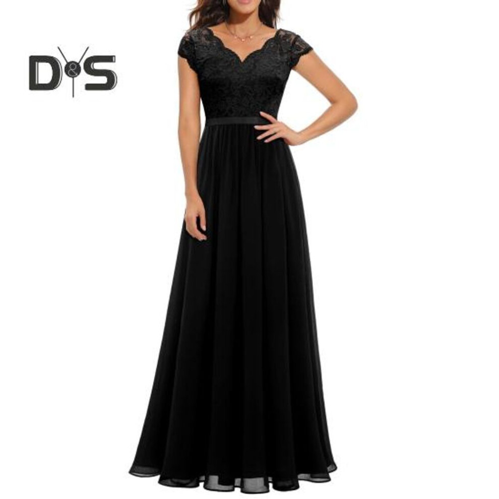 (black, S) Women's Lace V-Neck Evening Dress Long A-Line Chiffon Bridesmaid Dress Mother of The Bride Wedding Guest Maxi Dress for Party Prom