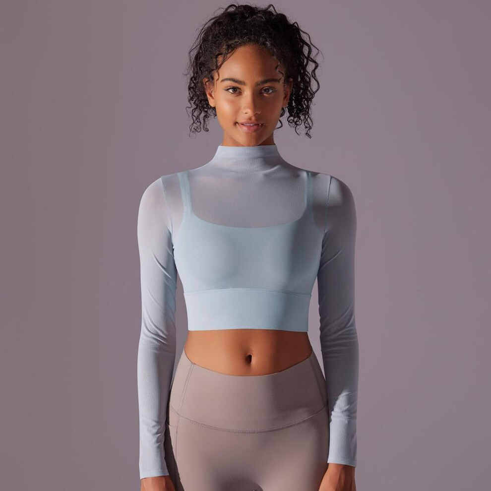 (blue, L) Nessaj Mesh Sexy Long Sleeve Yoga Shirts Women Stretch Workout Clothing Slim Fitness Sports Tops