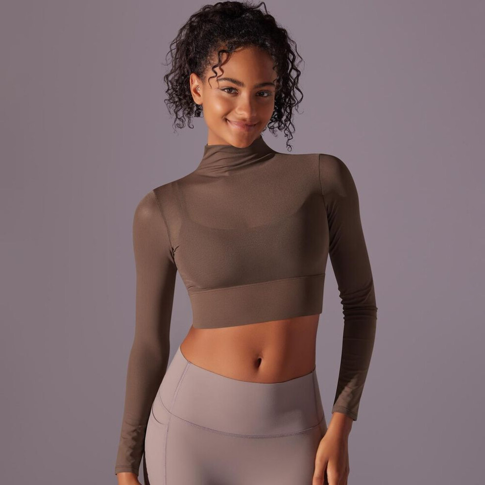 (brown, S) Nessaj Mesh Sexy Long Sleeve Yoga Shirts Women Stretch Workout Clothing Slim Fitness Sports Tops