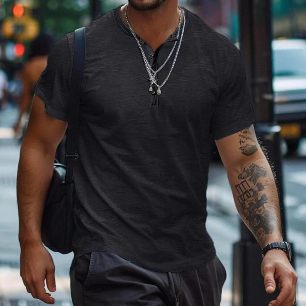 (black, US M(60-70KG)) Henry Shirt Summer Men Casual Solid Color Short Sleeve T Shirt for Men Polo men Cotton Men's T Shirts