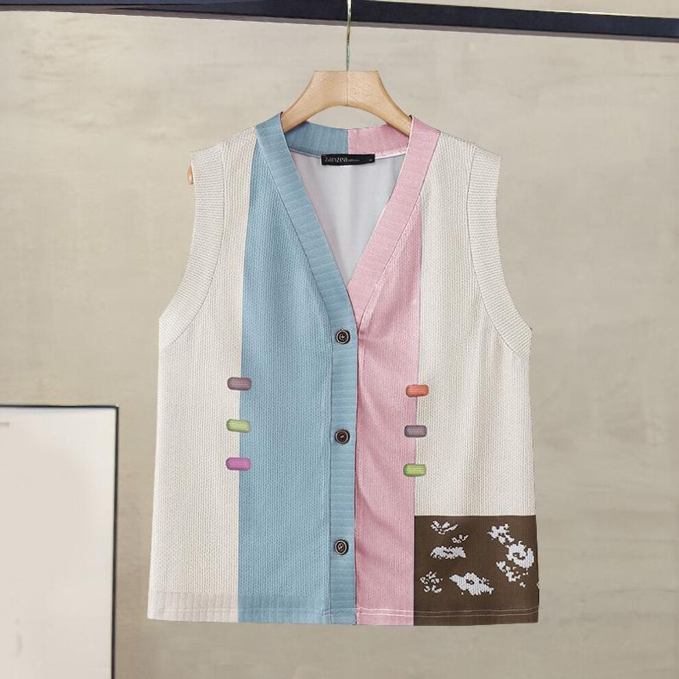 (2XL, white) Zanzea Women Vintage V-neck Sleeveless Floral Print Knitted Vests