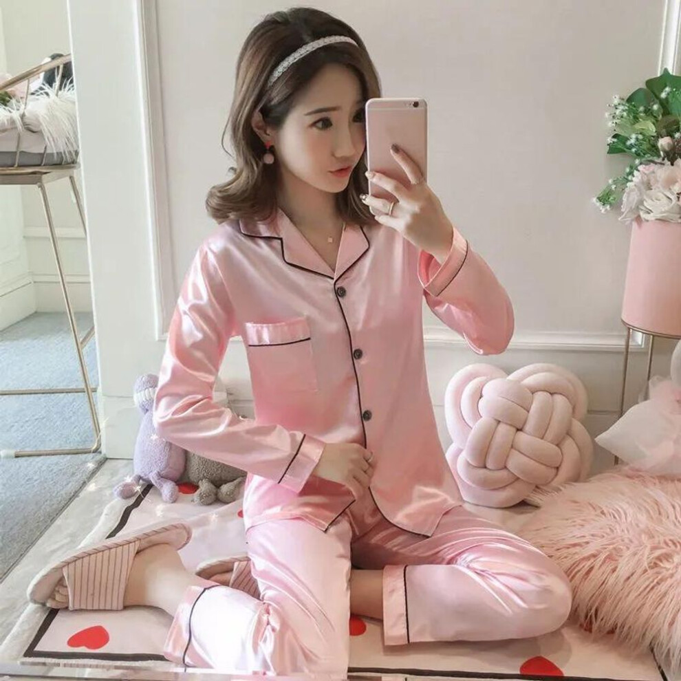 (M, pink) Women's Pajamas Set Spring Autumn Sleepwear Suit Silk Shirt Loose Casual Home Wear Long Sleeve Tops and Pants Suits Solid Plus Size M-5XL Nightwear