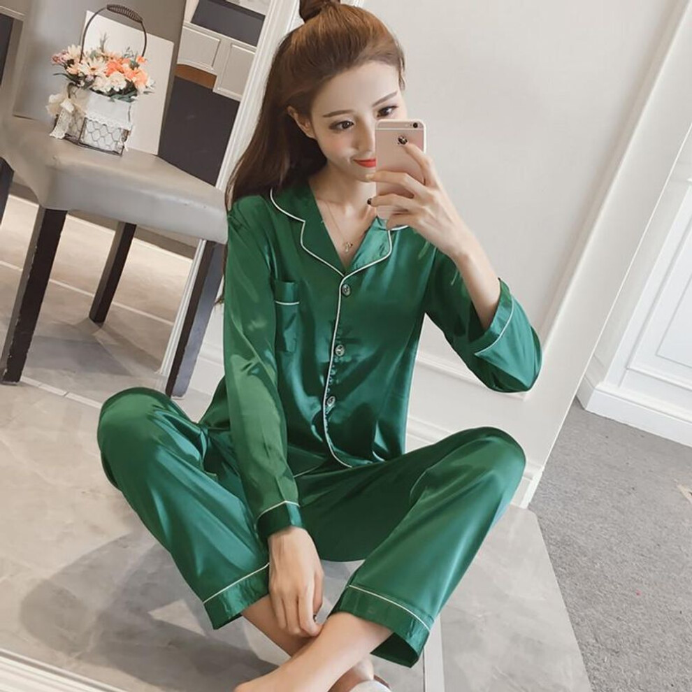 (3XL, green) Women's Pajamas Set Spring Autumn Sleepwear Suit Silk Shirt Loose Casual Home Wear Long Sleeve Tops and Pants Suits Solid Plus Size M-5XL Nightwear