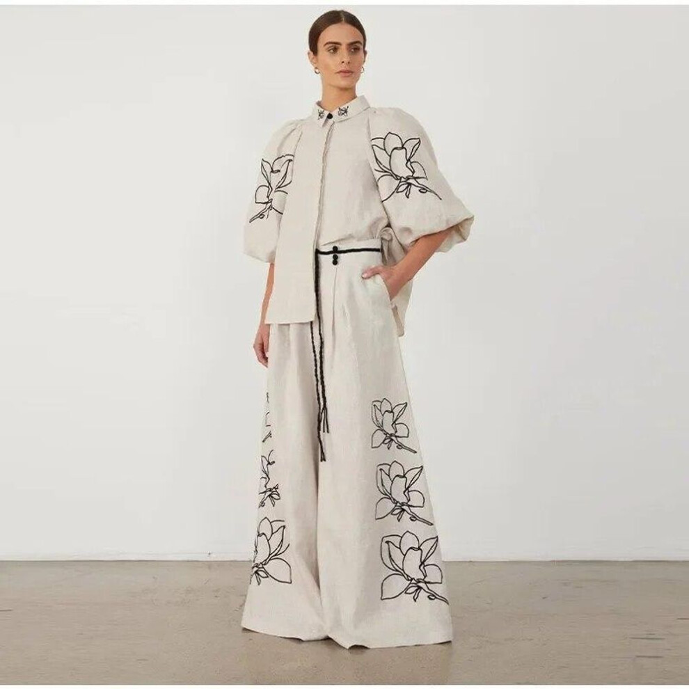 (beige, S) Women's Spring/summer Fashion Cotton And Hemp Printed Pants Set Vintage Bubble Sleeves Flip Collar Shirt Pleated Wide Leg Pants Set