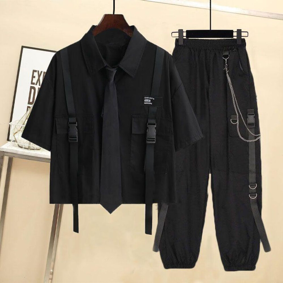 (black, M) Fashion Cargo Pants Suit Female Harajuku Casual Shirt Short-sleeved Top High Waist Loose Joggers Trousers Women Pants Streetwear