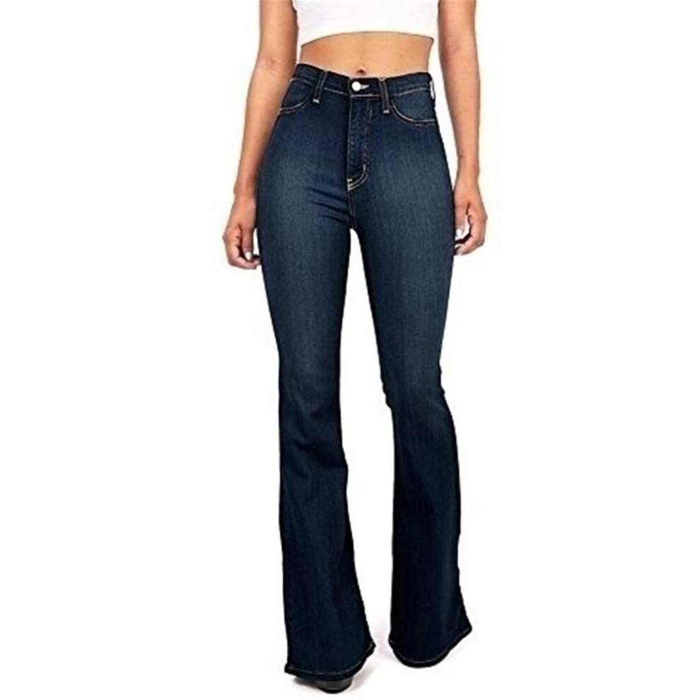 (navy blue, L) Denim Flared Pants Women Bell Bottoms Autumn High Waist Fitted Jeans Ladies Flare Pants Wide Leg Tight Trousers