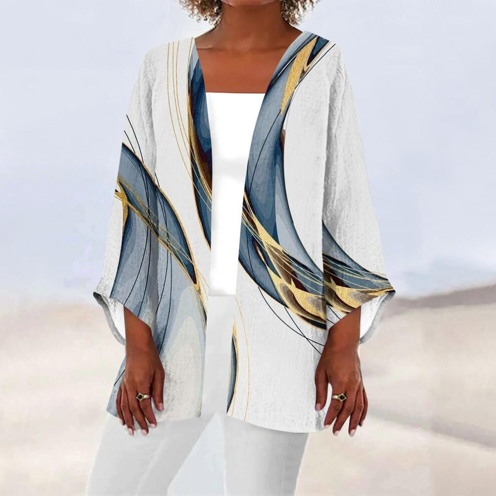 (S, white) Women's Casual Fashion Printed Lightweight Mid-length Jacket Cardigan