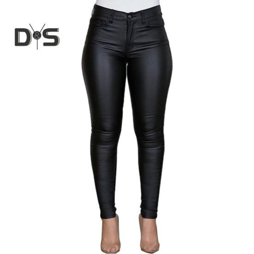 (black, M) Women Pants High Waist Smooth Faux Leather Solid Color Skinny Butt-lifted Elastic Button Zipper Closure Pockets Slim Fit Ankle Length Pencil Pants