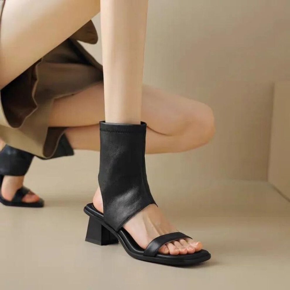 (black, 35) Designer Sandals Women New Roman Style Solid Color Women's Summer Square Toe Thick Heel Open Toe Slip-on High Top Sandals