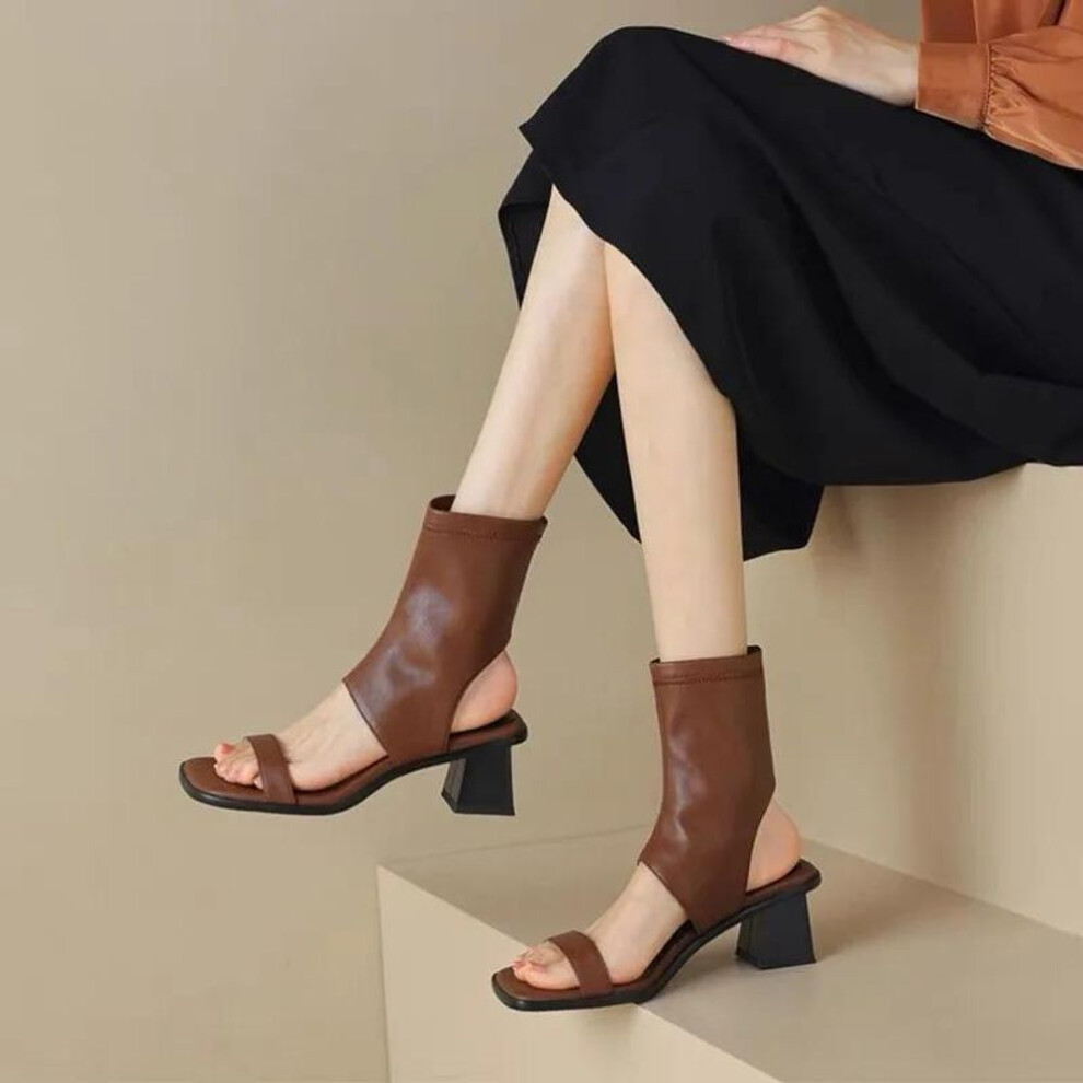 (brown, 39) Designer Sandals Women New Roman Style Solid Color Women's Summer Square Toe Thick Heel Open Toe Slip-on High Top Sandals