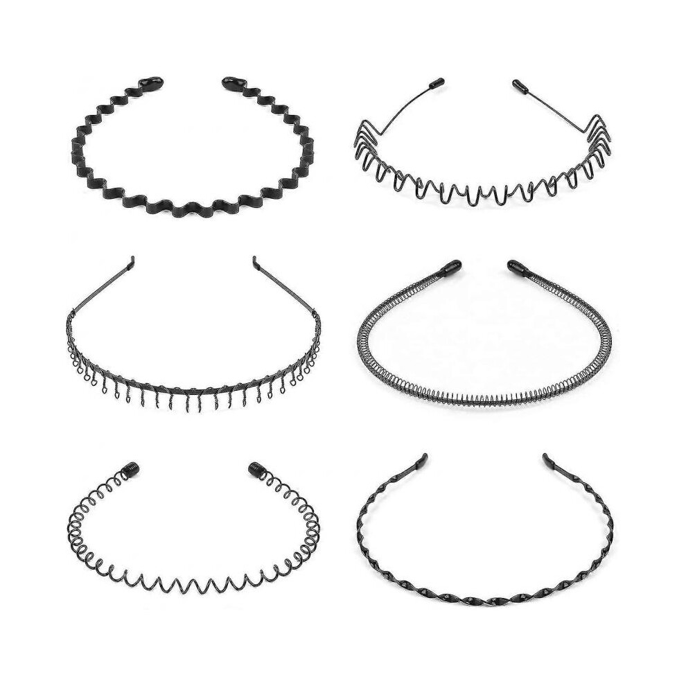 Hair Bands for Men Women, 6 Pcs Gift Metal Headbands, Unisex Black Wavy Spring H