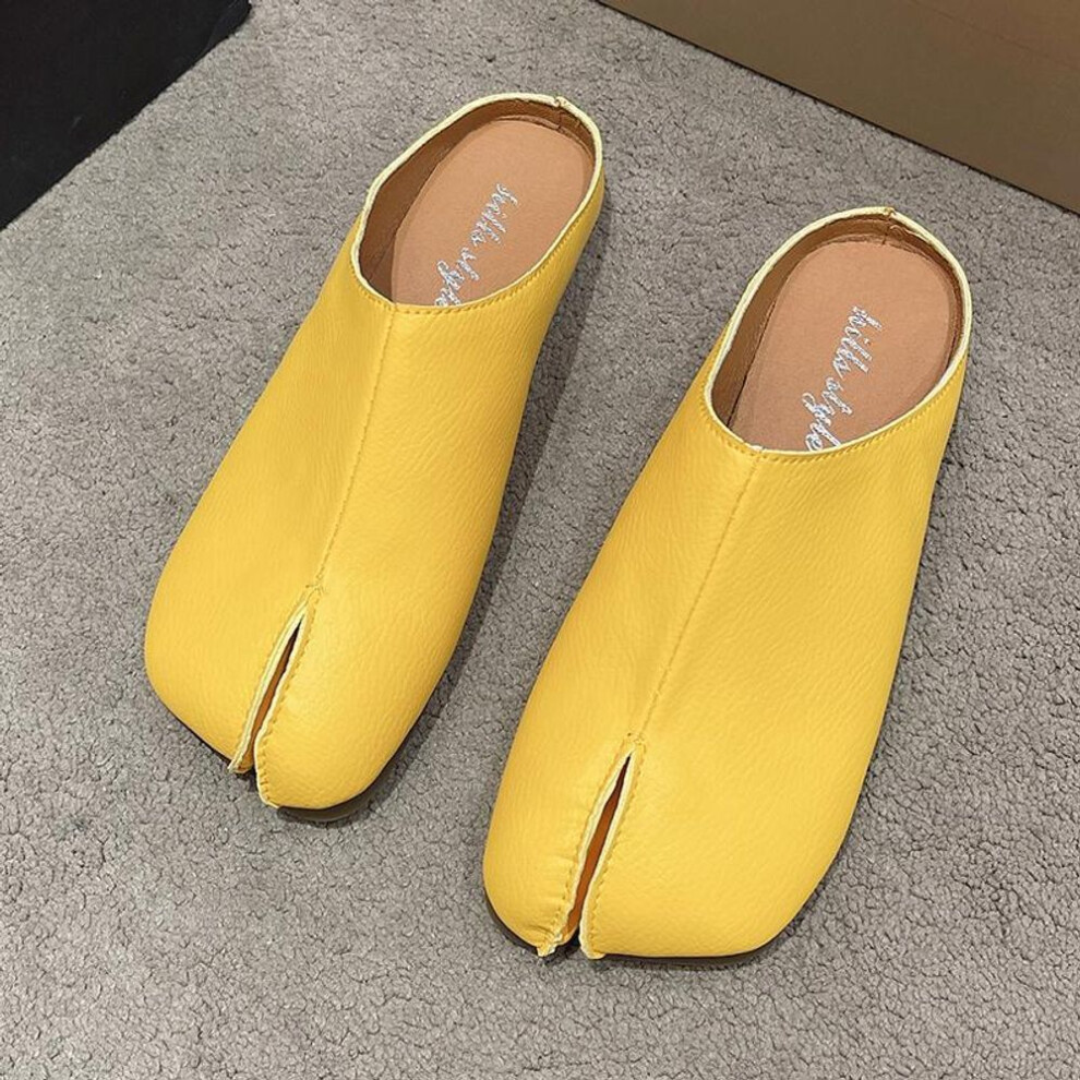 (yellow, 38) Novelty Split Toe Shoes Woman Slippers Leather Round Toe Slides Comfy Mules Femmes Clog Sandals Pettitoes Flipflops