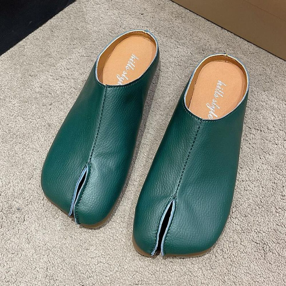 (green, 36) Novelty Split Toe Shoes Woman Slippers Leather Round Toe Slides Comfy Mules Femmes Clog Sandals Pettitoes Flipflops