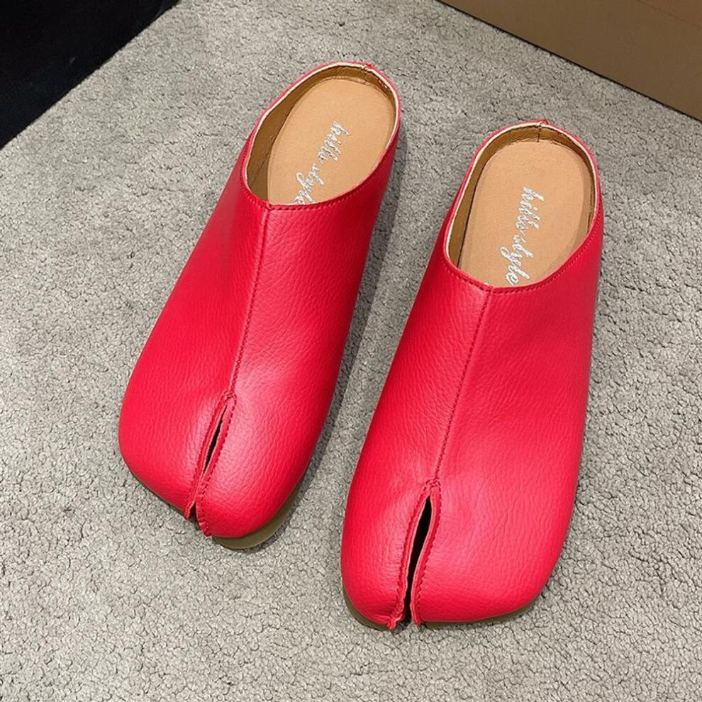(red, 37) Novelty Split Toe Shoes Woman Slippers Leather Round Toe Slides Comfy Mules Femmes Clog Sandals Pettitoes Flipflops