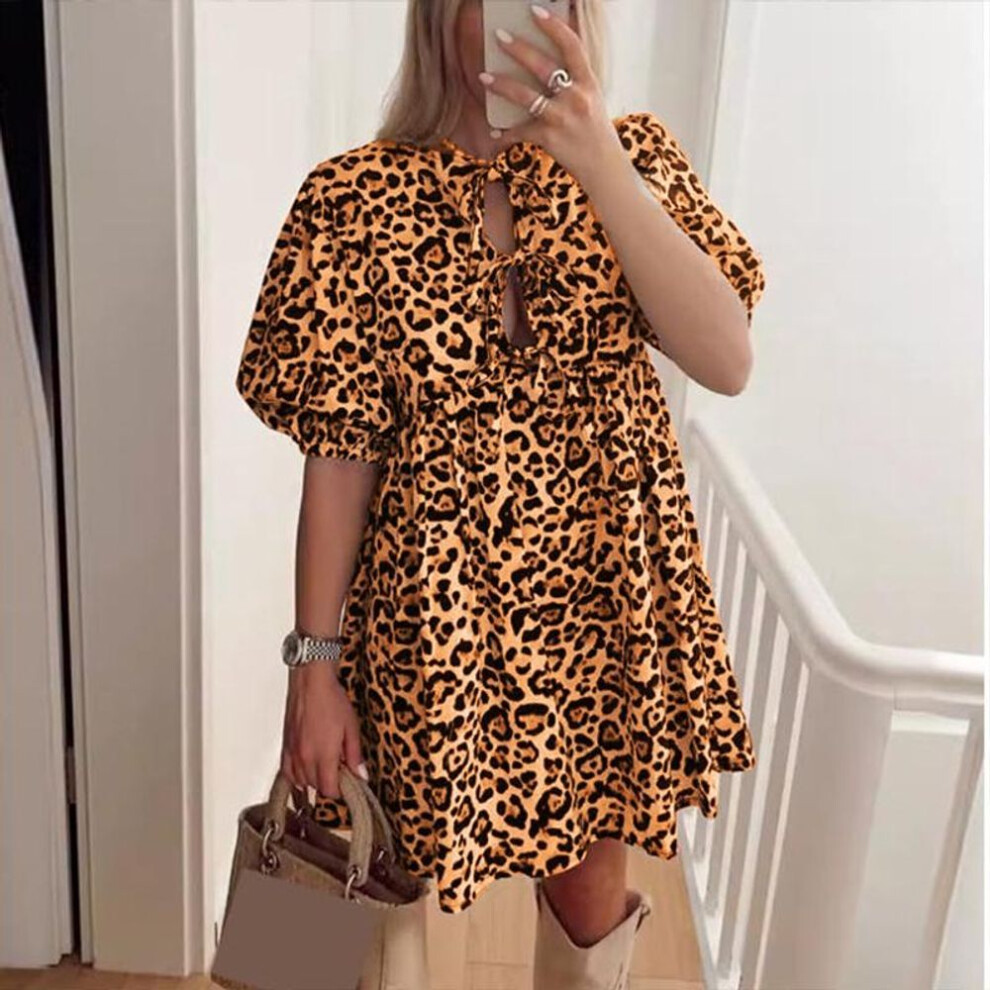 (orange, XL) Vonda Women Summer Puff Sleeve Leopard Print Casual Dress Sundress