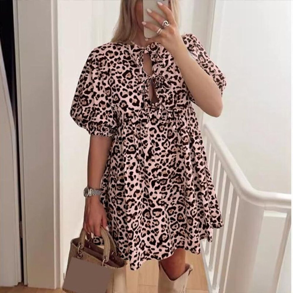 (pink, L) VONDA Women Summer Puff Sleeve Leopard Print Casual Dress Sundress