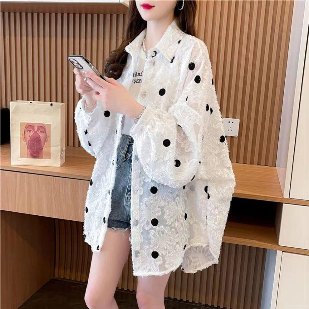 (M, white) Plus Size Women Summer Long Sleeve Shirt Loose Thin Lace Sun Protection Jacket Korean Clothing Casual Oversized Cardigan Tops