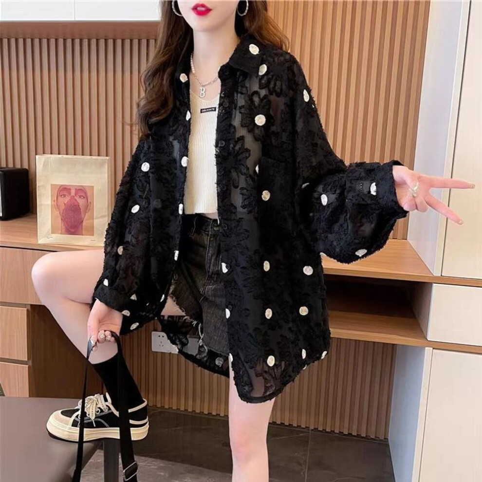 (XL, black) Plus Size Women Summer Long Sleeve Shirt Loose Thin Lace Sun Protection Jacket Korean Clothing Casual Oversized Cardigan Tops