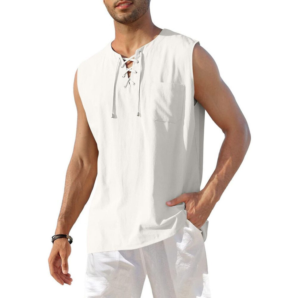 (white, S) Men's Cotton Linen Tank Top Shirts Casual Stylish Men’s Shirts Sleeveless  Beach Hippie Tops