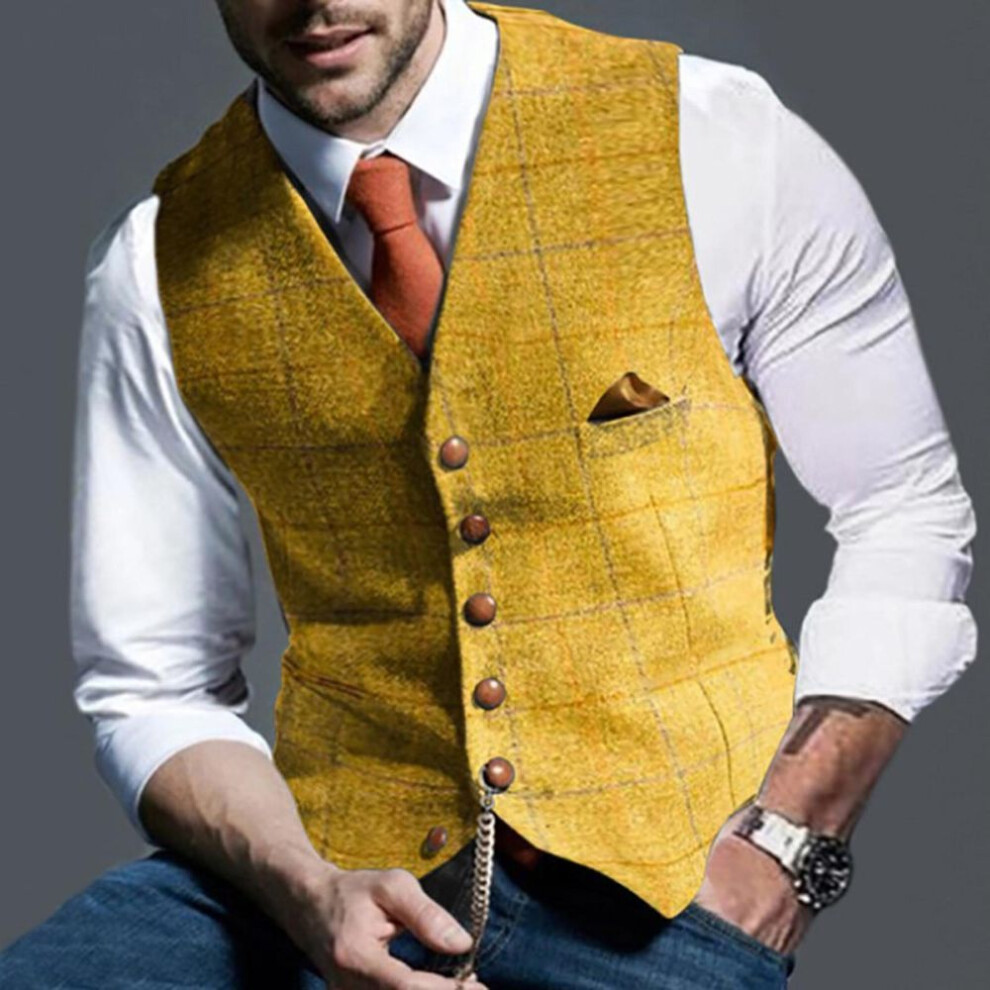 (S, yellow) Men's Casual Plaid Vest Men's Slim Vest Men's Jacket Vintage Wool Herringbone Retro Satin