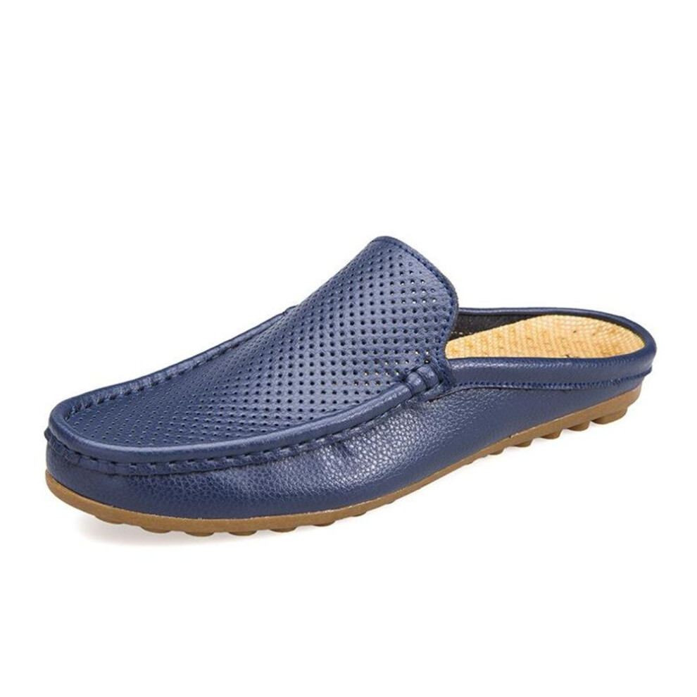 (blue, 42) Fashion Men Half Loafers Genuine Leather Slippers Loafer Slides Breathable Man Outdoor Lightweight Half Shoes