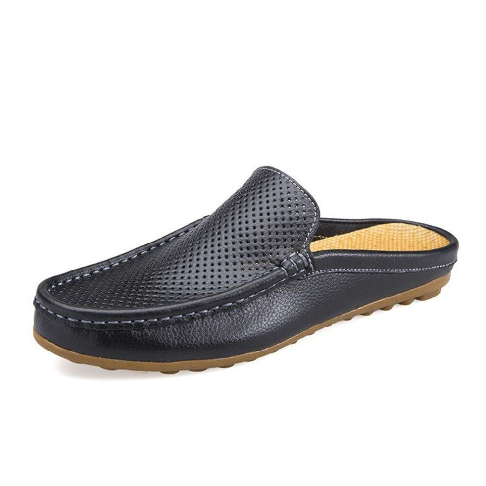 (black, 40) Fashion Men Half Loafers Genuine Leather Slippers Loafer Slides Breathable Man Outdoor Lightweight Half Shoes