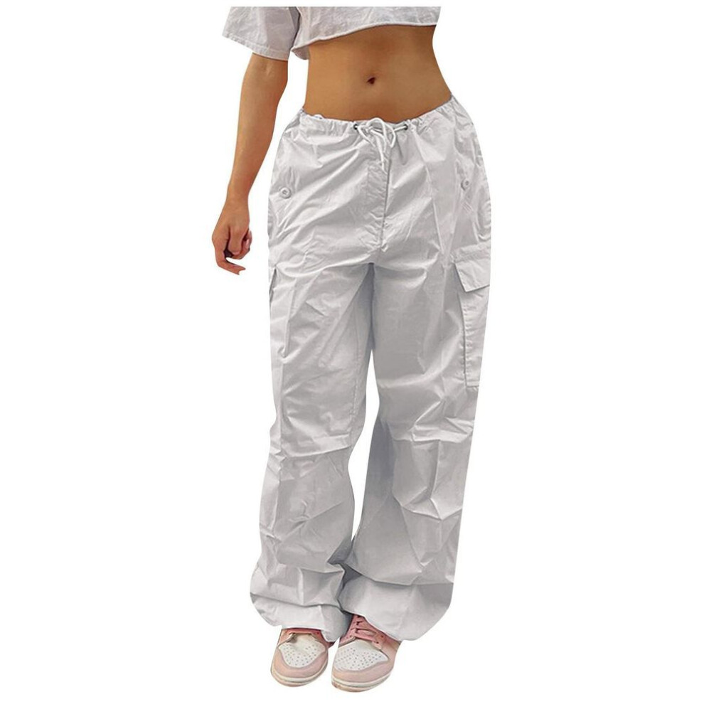(white, S) Women's Solid Color Cargo Pants Street Hip Hop Jogging Pants Tethered Casual Wide Leg Pants