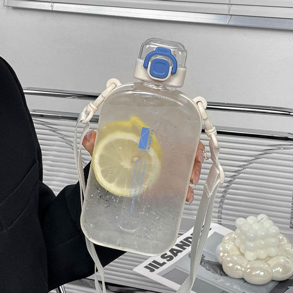(white) Flat Square Transparent Water Bottle Portable Travel Canteen with Adjustable Strap Elegant Slim Bottle for Sport Camping