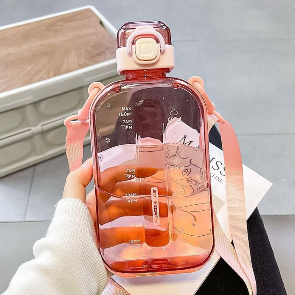 (pink) Flat Square Transparent Water Bottle Portable Travel Canteen With Adjustable Strap Elegant Slim Bottle For Sport Camping