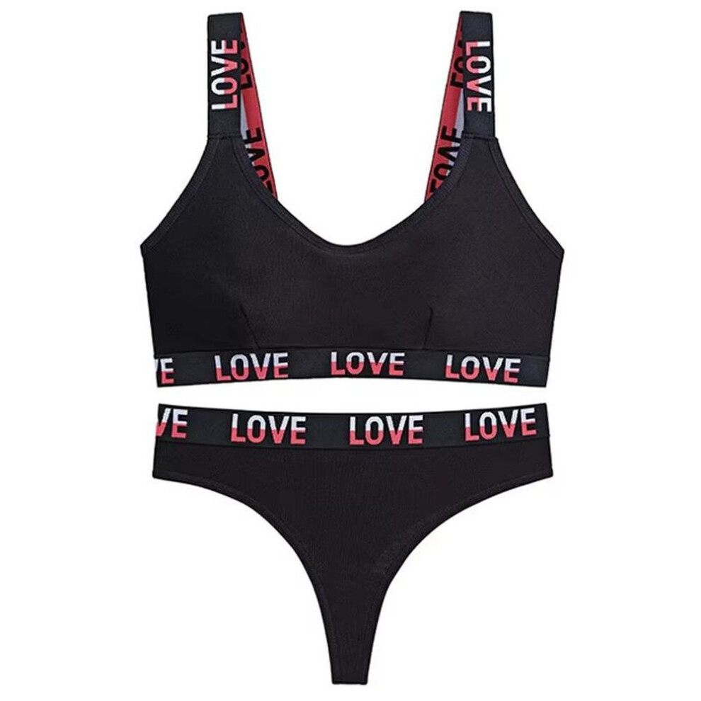 (black, S) Termezy Women Push Up Bra Set Sexy Letter Sport Vest Bra Low Waist Thong Set Wire Free Bralette Lingerie Cotton Underwear Set