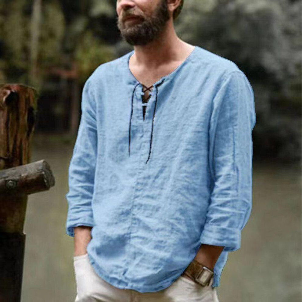 (XL, sky blue) 2023 Men's Long-Sleeve Solid Color Cotton-Linen Trendy Shirt