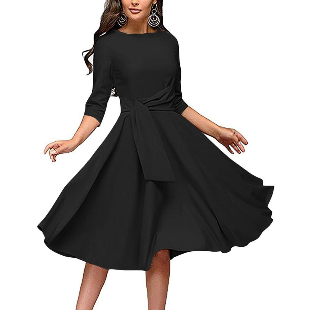 (black, S) Womens Casual Temperament Fashion Solid Color Mid Waist Elegant Dress