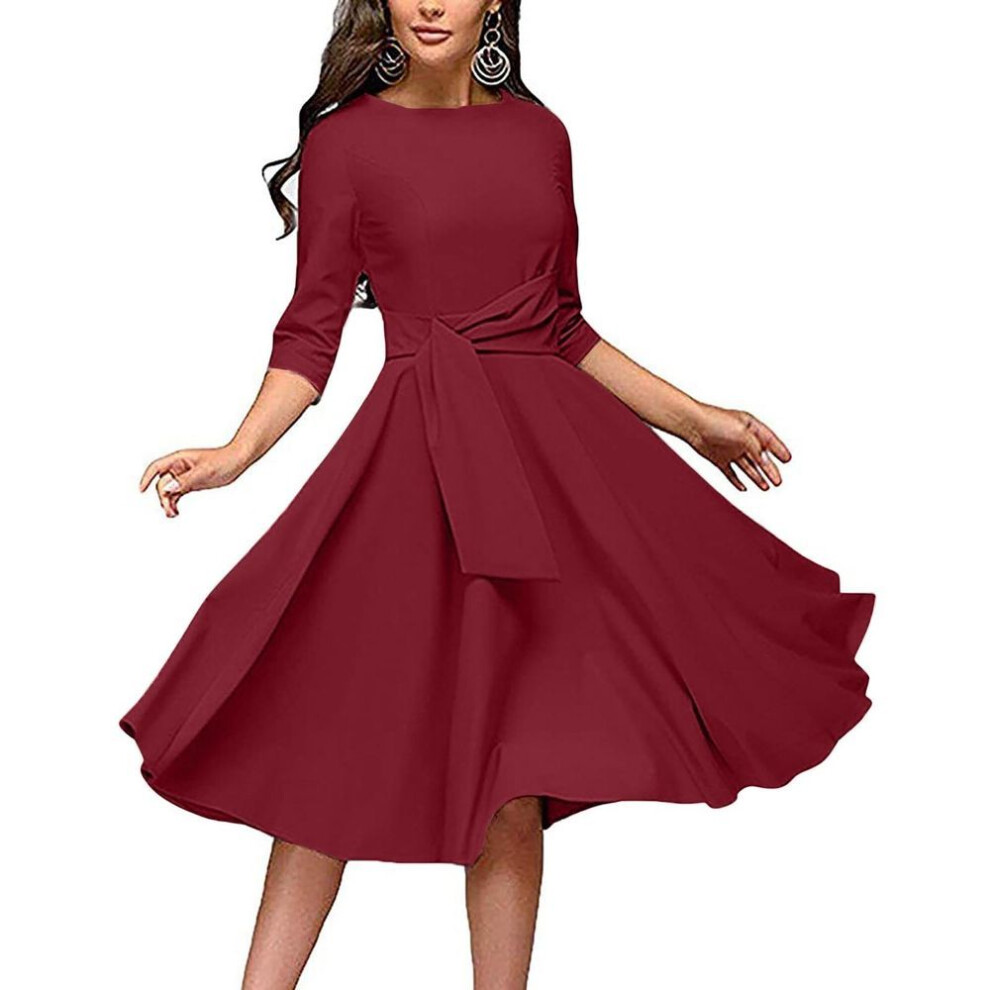 (wine, M) Womens Casual Temperament Fashion Solid Color Mid Waist Elegant Dress
