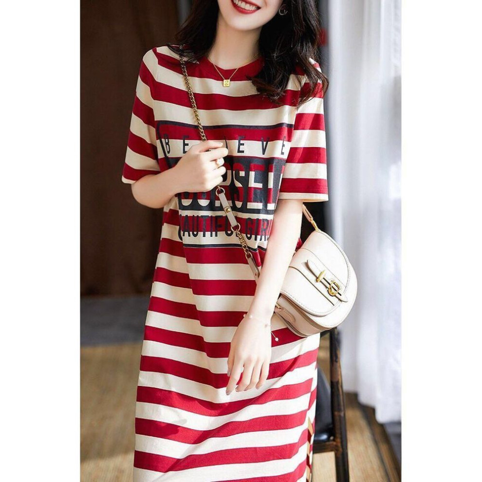 (red, M) 2024 Women's Korean Striped T-shirt Dress - Slim, Medium-length, Short-sleeved, Trendy Summer Style For Students