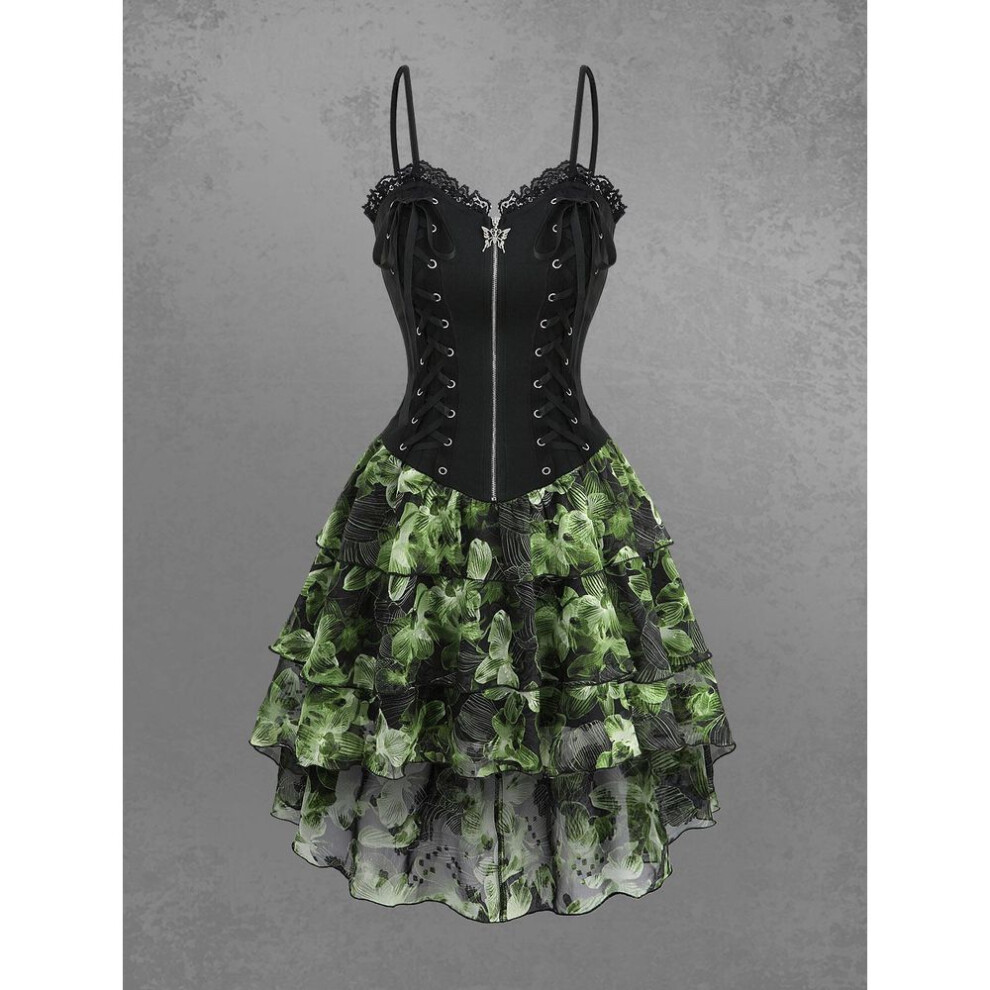 (green, L) Rosegal Gothic Floral Leaf Printed Lace Up Butterfly Zipper Lace-trim Layered High Low Asymmetric Cami Dress