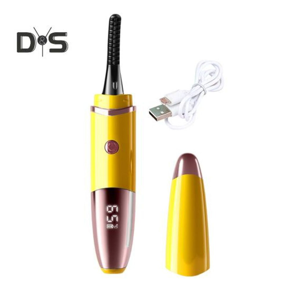 (yellow) Electric Heated Eyelash Curler LED Display 4 Temperature Modes USB Rechargeable Quick Heating Portable Travel Women Eye Lashes Clip Curling Tools