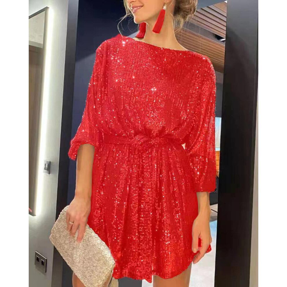 (bright red, Extra Large) "2025 European And American Holiday Party Sparkling Sequin Dress