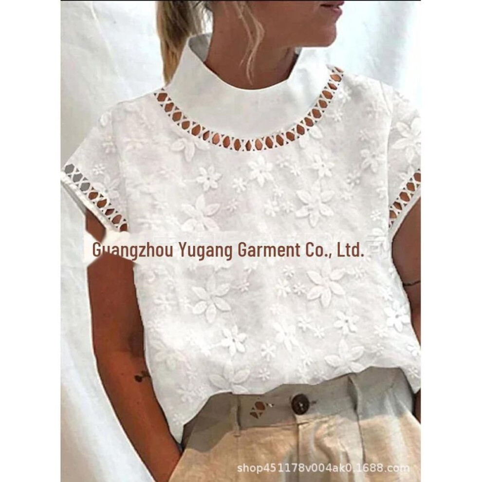 (L, white) European & American Women's High Collar Embroidered Lace Pullover Shirt 2023