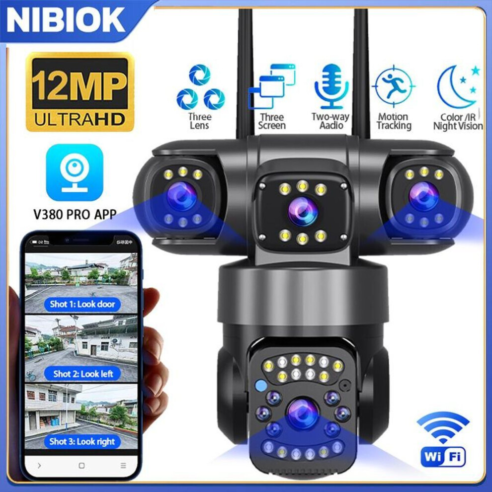 (camera+128GB) Nibiok V380 Pro Outdoor Camera Wifi Hd 15mp Three Lens Camera Waterproof Night Vision Two Way Intercom Mobile Tracking Ptz Ip Camera Remote Viewing