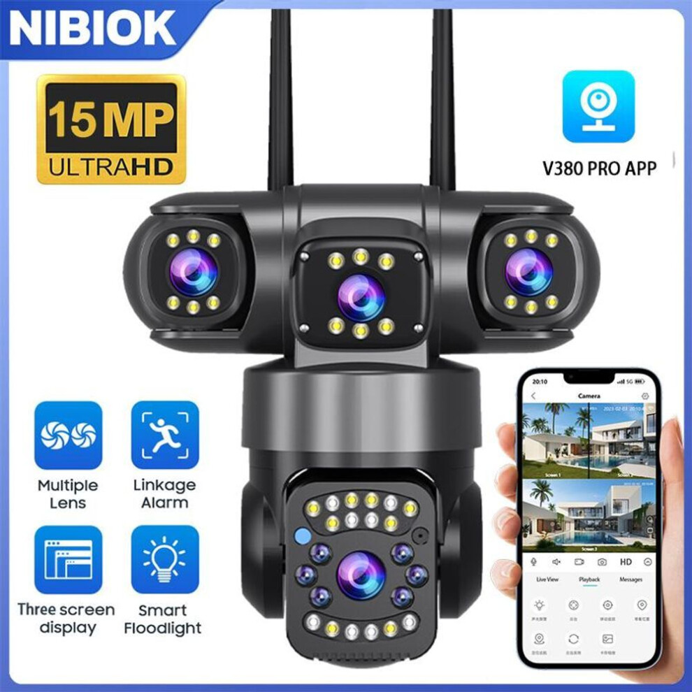 (camera) Nibiok V380 Pro Outdoor Camera Wifi Hd 15mp Three Lens Camera Waterproof Night Vision Two Way Intercom Mobile Tracking Ptz Ip Camera Remote Viewing