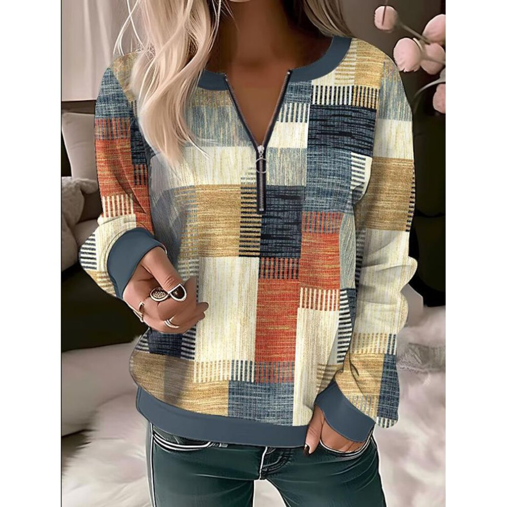 (S, brown) Women's Fashion Casual Spring Autumn Plaid Print Long Sleeve V-Neck Blouses & Shirts